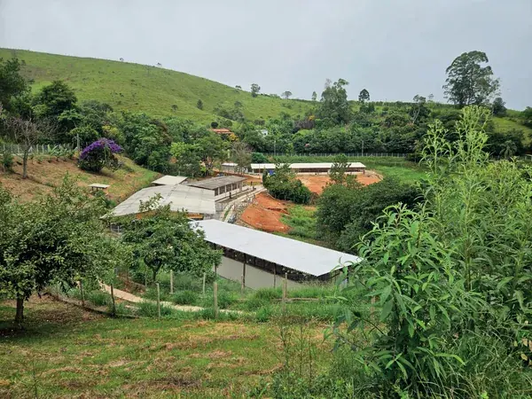 Vista do Sítio Santa Clara, com os galpões da granja entre os morros de Jambeiro